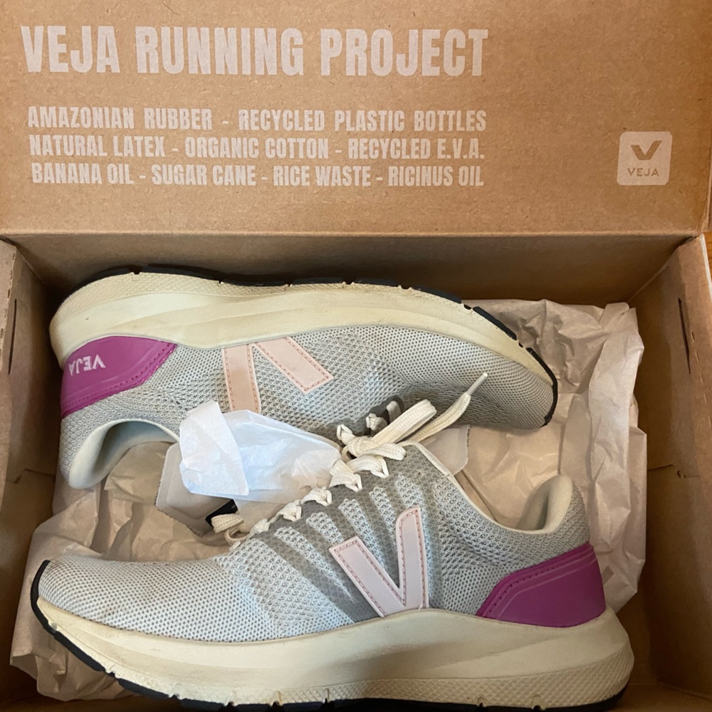 Grey and Pink Veja Running Shoes